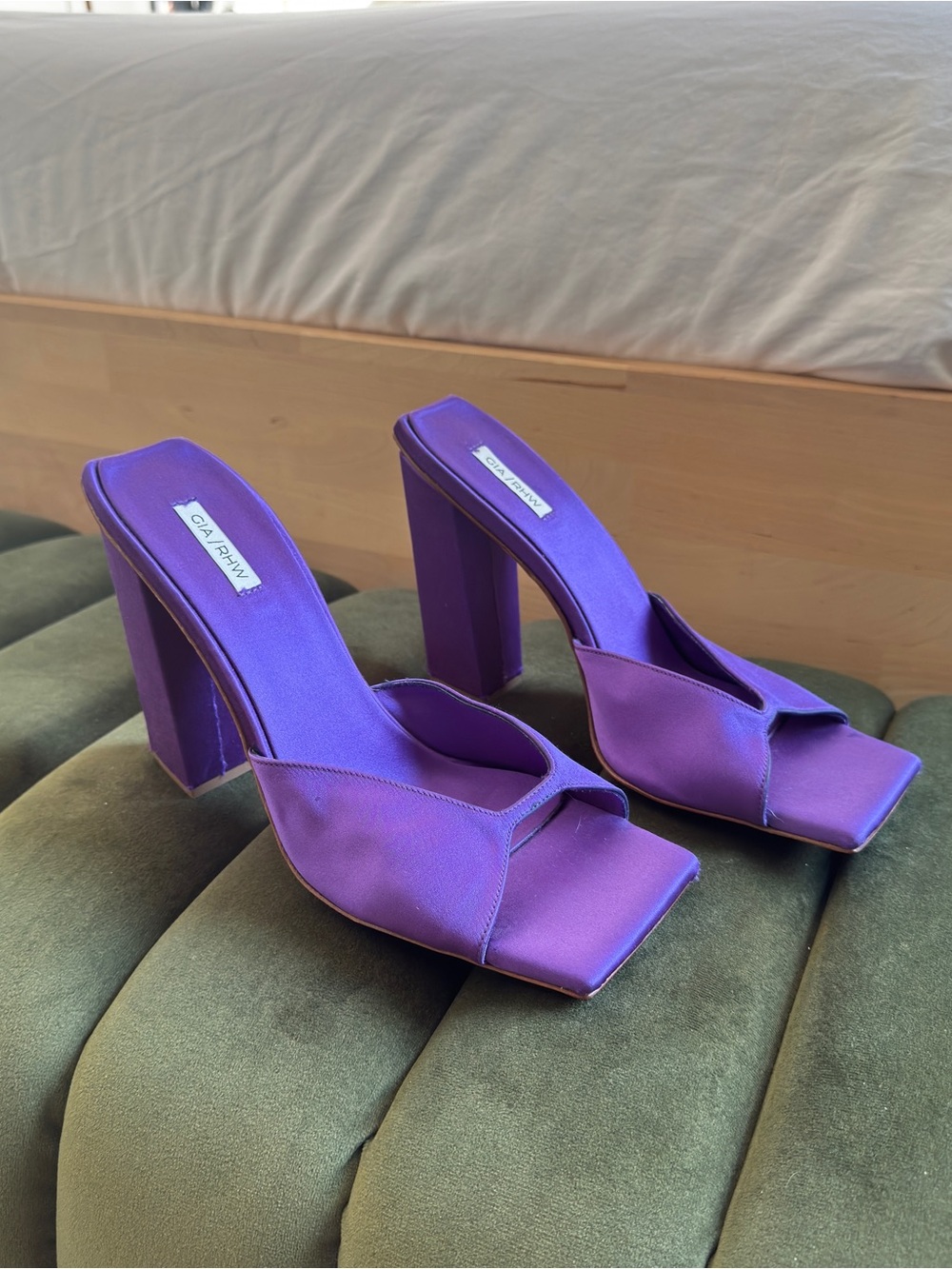 RARE Gia Borghini Rosie 14 Purple Satin Block Heel Mules - US 9